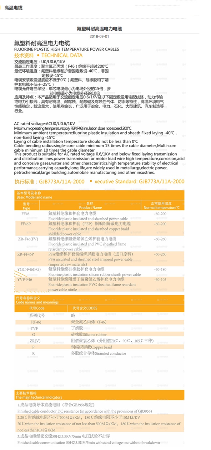 氟塑料耐高温电力电缆